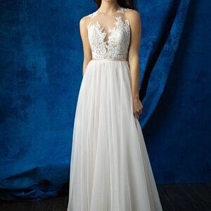 Lace  A-line Champagne Wedding Dress, Illusion Top, Nude/Ivory bottom, Plunging